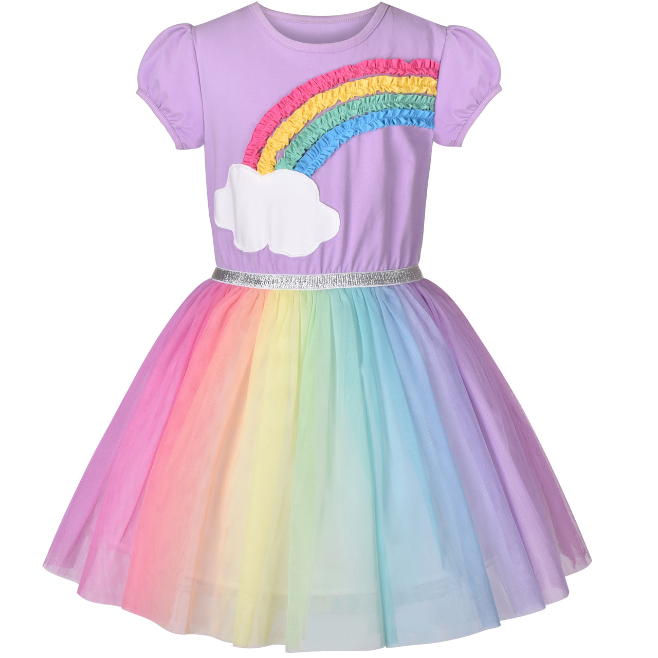 Girls Dress Short Sleeve Rainbow Tulle Skirt Birthday Party Size 4-10 Years