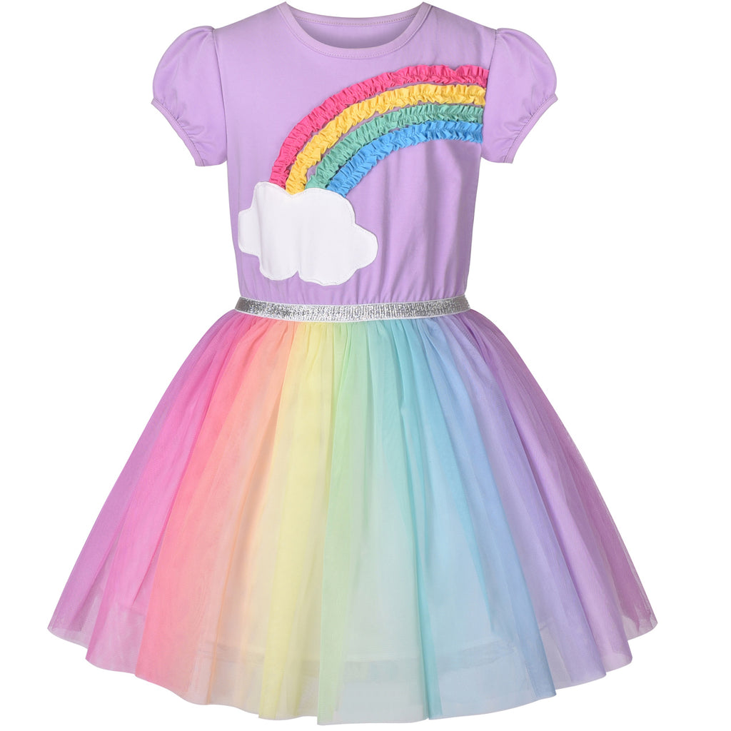 Girls Dress Purple Short Sleeve Rainbow Tulle Skirt Birthday Party Size 4-8 Years
