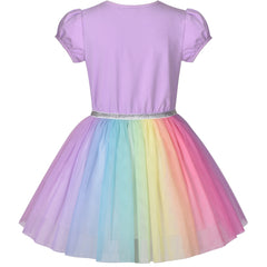Girls Dress Purple Short Sleeve Rainbow Tulle Skirt Birthday Party Size 4-8 Years
