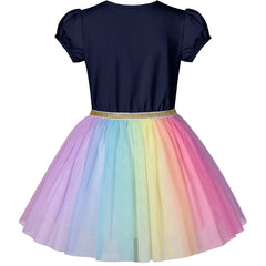 Girls Dress Navy Blue Short Sleeve Rainbow Tulle Skirt Birthday Party Size 4-8 Years