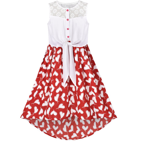 Girls Dress Chiffon Heart Lace High-Low Tie Waist Party Summer Size 7-14 Years