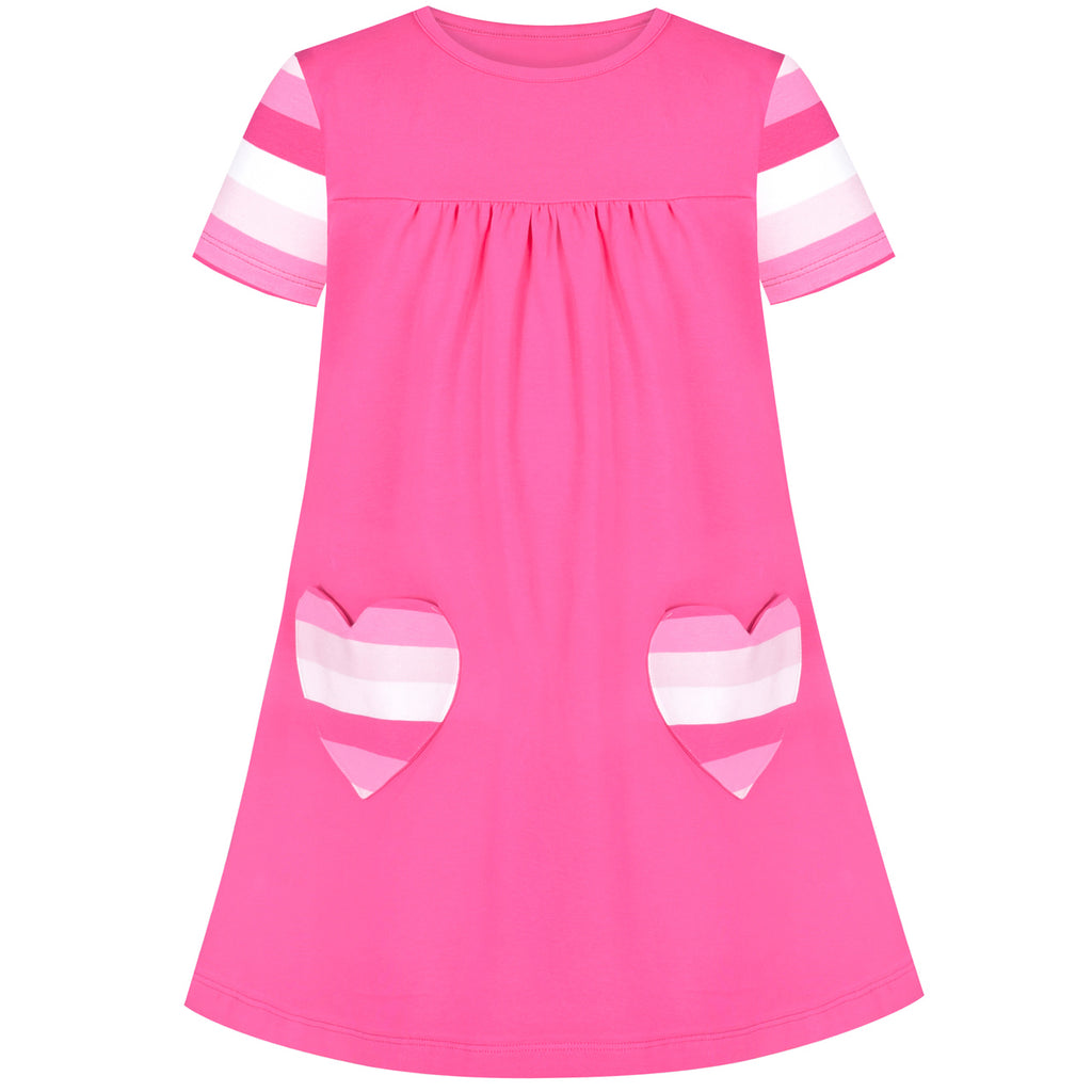 Girls Casual Dress Pink Cotton Short Sleeve Heart Pocket Size 3-8 Years