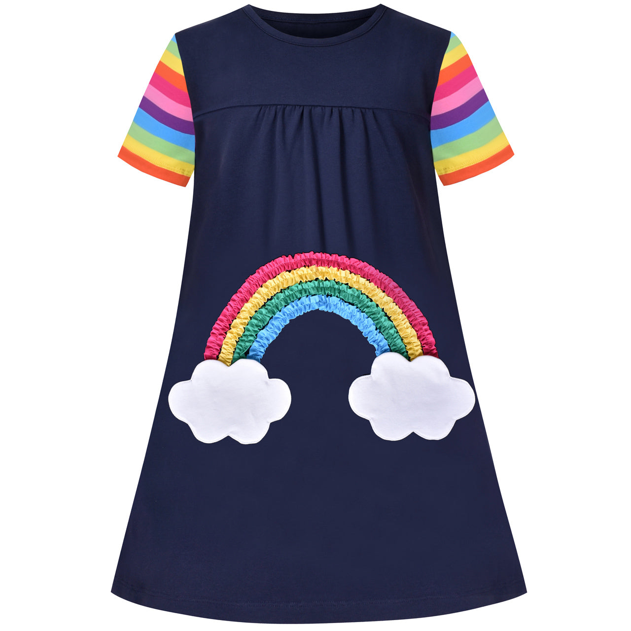 Girls Casual Dress Navy Cotton Short Sleeve Rainbow Cloud Size 2-10 Years