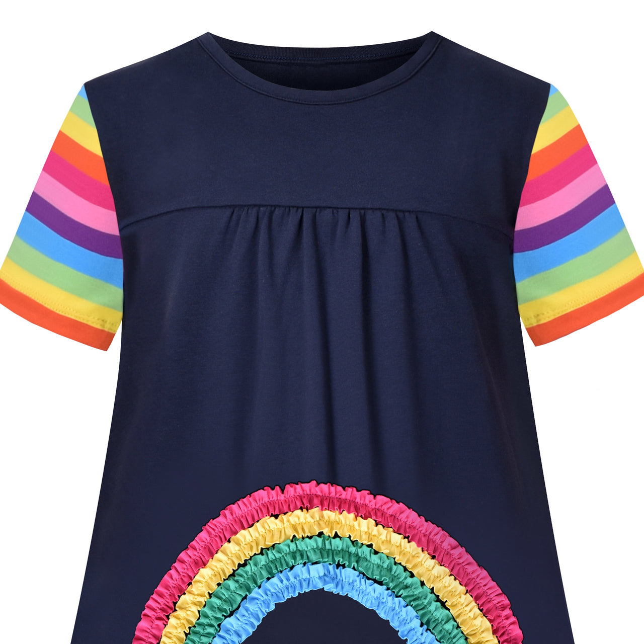 Girls Casual Dress Navy Cotton Short Sleeve Rainbow Cloud Size 2-10 Years