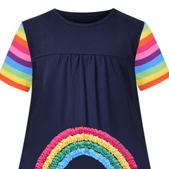 Girls Casual Dress Navy Blue Cotton Short Sleeve Rainbow Cloud Size 3-8 Years