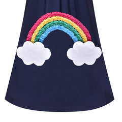 Girls Casual Dress Navy Blue Cotton Short Sleeve Rainbow Cloud Size 3-8 Years