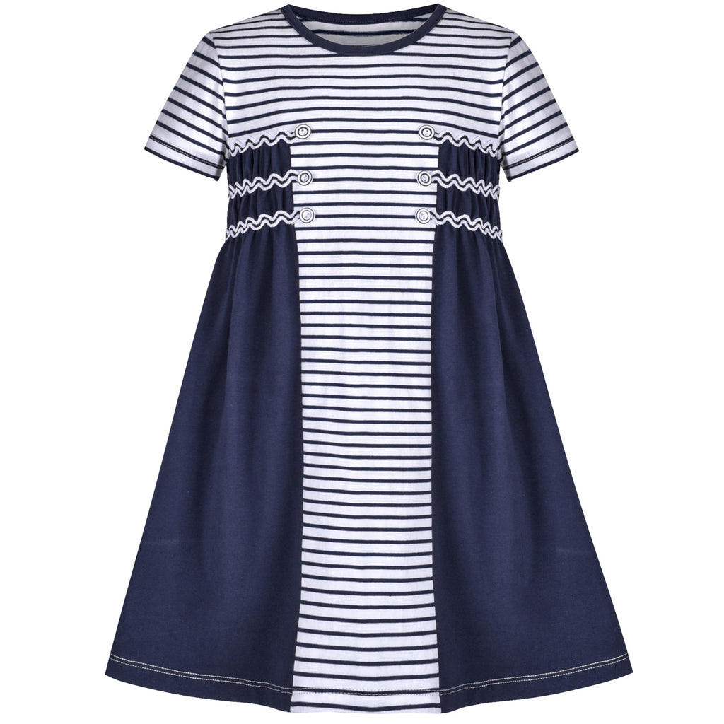 Girls Casual Dress Blue Striped White Cotton Short Sleeve Size 3-8 Years