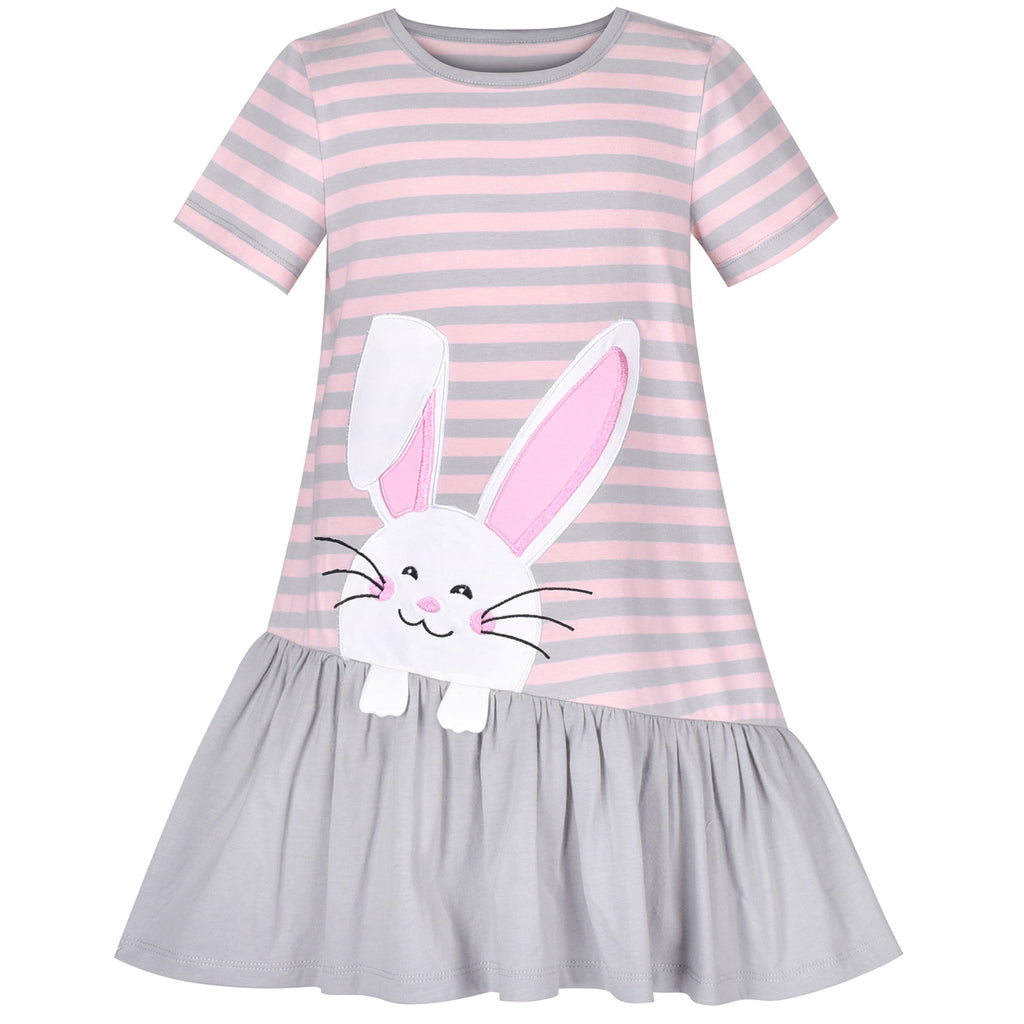 Girls Casual Dress Gray Easter Bunny Egg Hunting Cotton Short Sleeve Size 3-7 Years