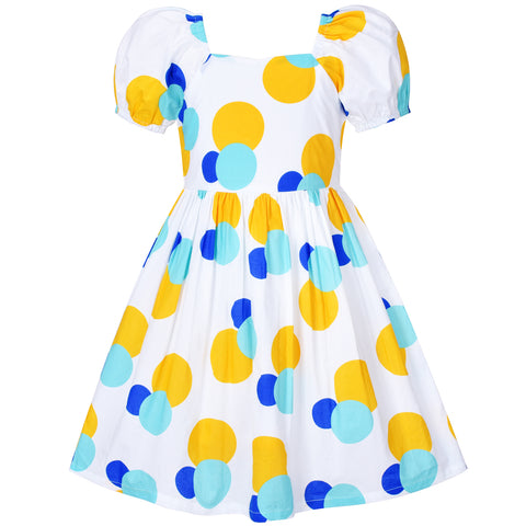 Girls Dress Vintage Short Sleeve Blue Yellow Polka Dot Cotton Casual Size 4-8 Years