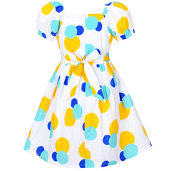 Girls Dress Vintage Short Sleeve Blue Yellow Polka Dot Cotton Casual Size 4-8 Years