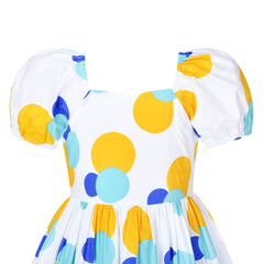 Girls Dress Vintage Short Sleeve Blue Yellow Polka Dot Cotton Casual Size 4-8 Years