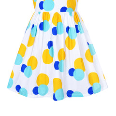 Girls Dress Vintage Short Sleeve Blue Yellow Polka Dot Cotton Casual Size 4-8 Years