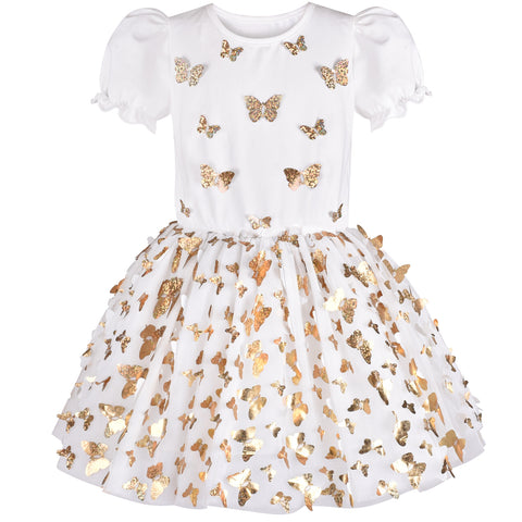 Girls Dress Gold Butterfly White Short Sleeve Tulle Tutu Dancing Size 4-8 Years