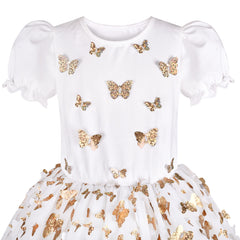 Girls Dress Gold Butterfly White Short Sleeve Tulle Tutu Dancing Size 4-8 Years