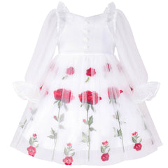 Flower Girl Dress Bridal Off White Long Sleeve Rose Wedding Party Size 6-12 Years