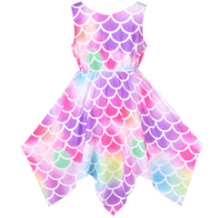 Girls Dress Rainbow Colorful Fish Scale Mermaid Hanky Hem Tail Necklace Size 7-14 Years