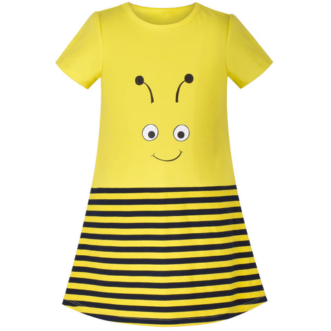 Girls Dress Short Sleeve Yellow Black Striped Honey Bee Pattern Size 3-8 Years