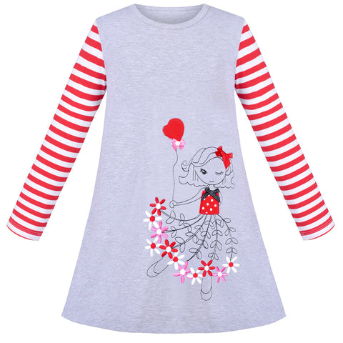 Girls Dress Long Sleeve Red White Striped Embroidery Flower Cotton Size 3-8 Years