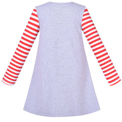Girls Dress Long Sleeve Red White Striped Embroidery Flower Cotton Size 3-8 Years