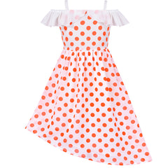 Girls Dress Spaghetti Strap Ruffle Asymmetrical Dress Red Polka Dot Size 7-14 Years