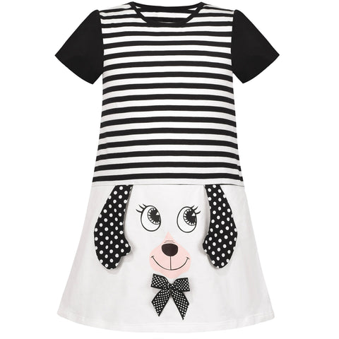 Girls Dress Short Sleeve T-shirt Black White Striped Puppy Dog Size 3-8 Years