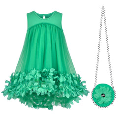 Girls Dress Green 3D Flowers Sleeveless Waist Free Purse Size 5-10 Years