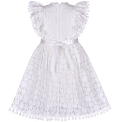 Girls Dress Off White Lace Stand-up Collar Ruffle Flare Sleeve Pompom Size 4-8 Years