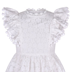 Girls Dress Off White Lace Stand-up Collar Ruffle Flare Sleeve Pompom Size 4-8 Years