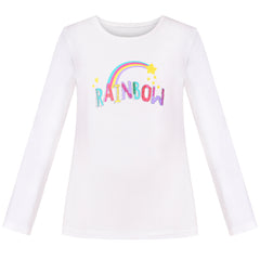 Girls White Long Sleeve T-shirt Top Rainbow Sequins Letter Star Size 4-10 Years