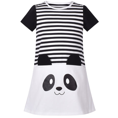 Girls T-shirt Dress Black White Striped Panda Short Sleeve Soft Cotton Size 3-8 Years