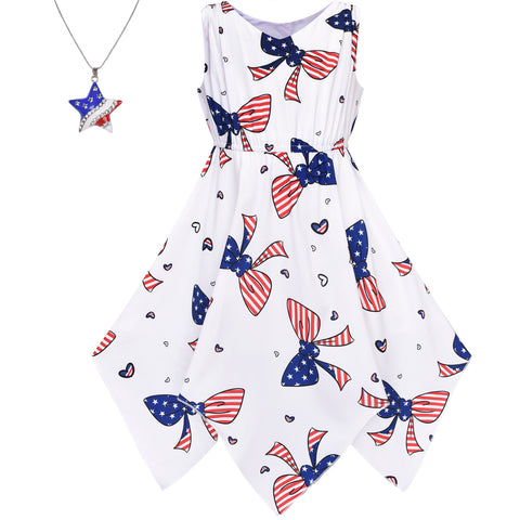 2 Pieces Girls Dress July 4th Bow Tie Hanky Hem Star Necklace Set Size 7-14 Years