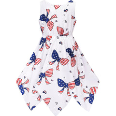 2 Pieces Girls Dress July 4th Bow Tie Hanky Hem Star Necklace Set Size 7-14 Years