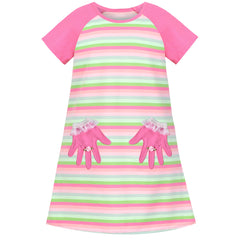 Girls T-shirt Dress Cotton Hand Pocket 3D Ring Color Stripe Short Sleeve Size 4-7 Years