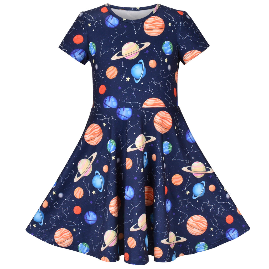 Girls Dress Astronomy Saturn Venus Solar System Short Sleeve Size 4-8 Years