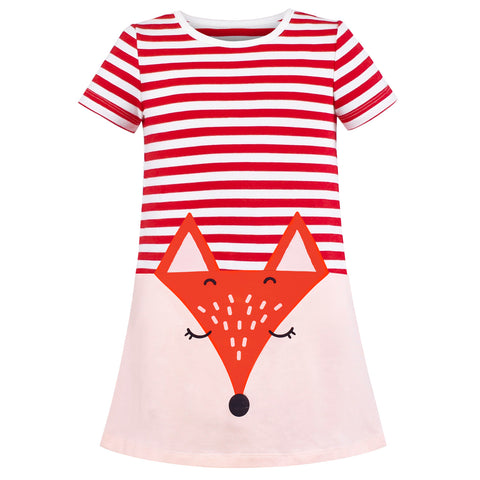 Girls Dress Round Neck Cotton Casual Fox Red Stripe Short Sleeve Size 3-8 Years
