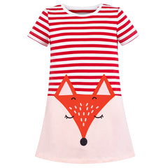 Girls Dress Round Neck Cotton Casual Fox Red Stripe Short Sleeve Size 3-8 Years
