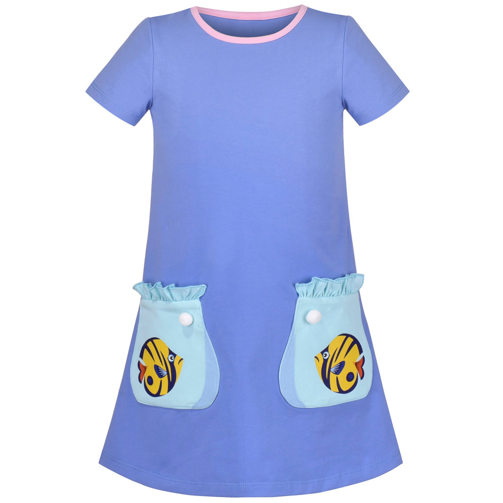 Girls Dress Tee Playwear Fish Big Pocket Short Sleeve Cotton Casual Size 3-8 Years
