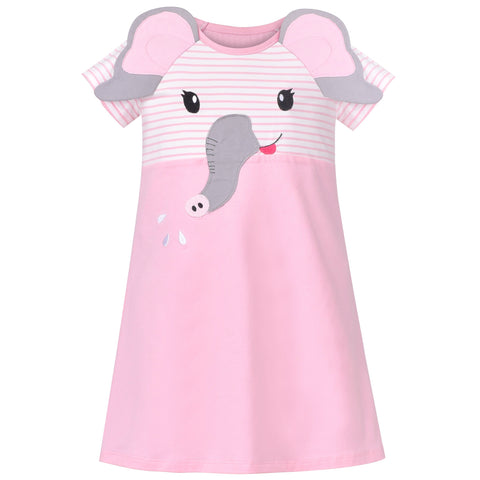 Girls Dress T-shirt Elephant Tunic Stripe Short Sleeve Cotton Casual Size 3-8 Years