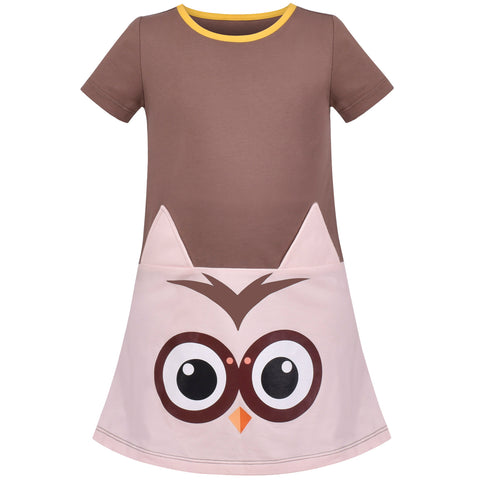 Girls Dress Cute Owl Bird Animal Casual Cotton Short Sleeve Size 3-8 Years