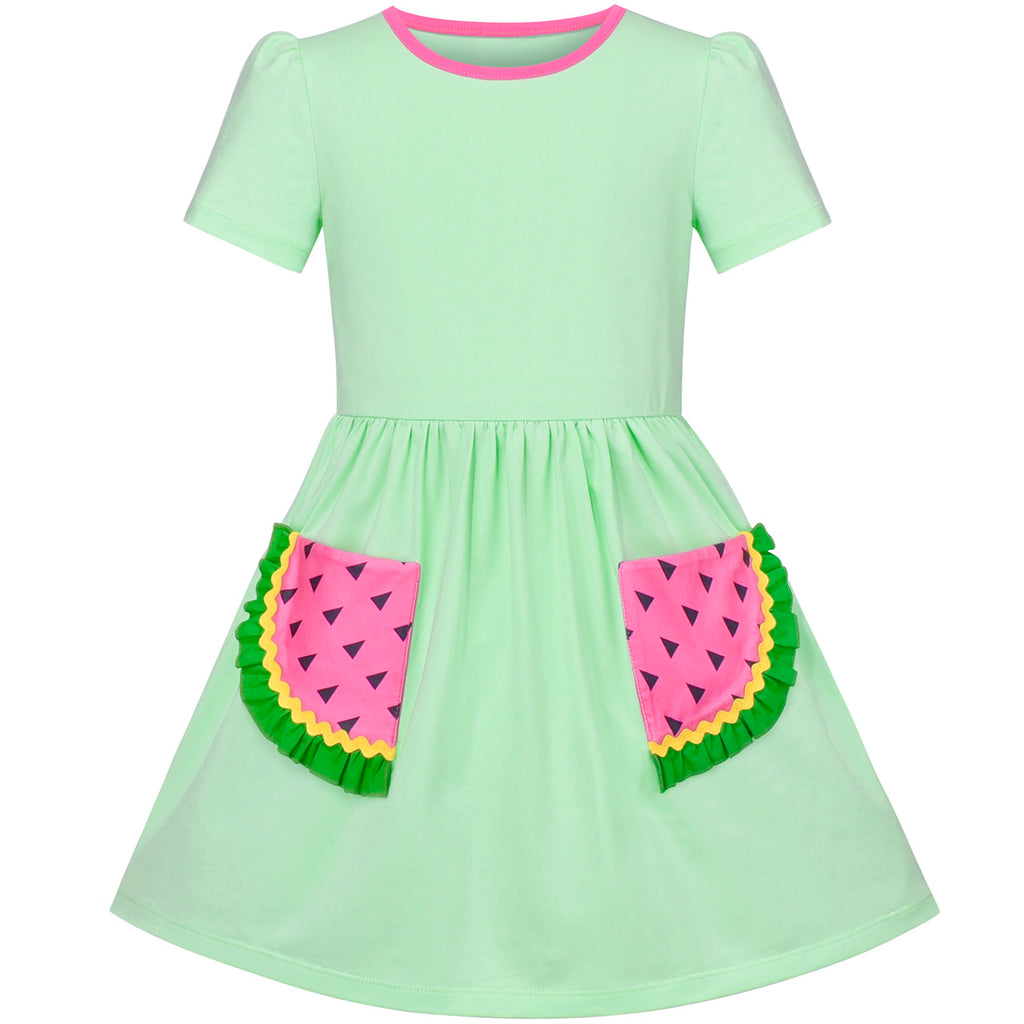 Girls Dress Green Ruffle Watermelon Pocket Everyday Short Sleeve Size 3-7 Years