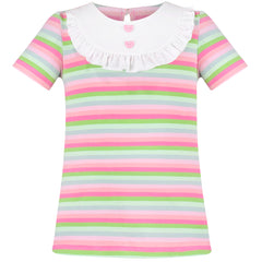 Girls Tee 2pc Pack Rainbow Ruffle Stripe Casual Short Flutter Sleeve Size 4-8 Years