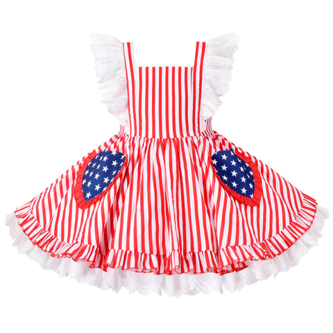 Girls Dress Flutter Sleeve Puffy Star Stripe Pocket National Day July 4th Size 3-7 Years