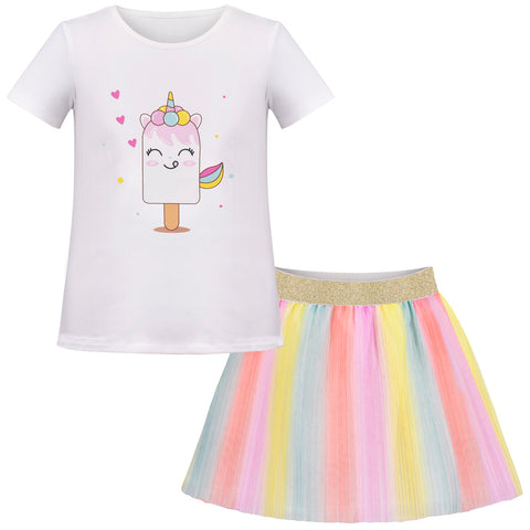Girls T Shirt Tutu Skirt 2pc Pack Unicorn Ice Cream Rainbow Short Sleeve Size 4-10 Years