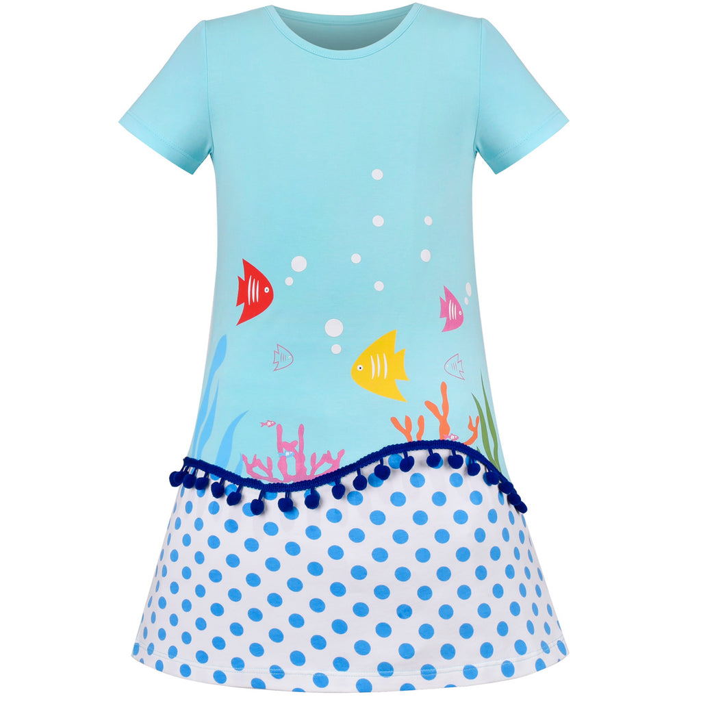 Girls Tee Dress Jump Skirt Pompom Fish Polka Dot Beach Bubble Short Sleeve Size 3-8 Years