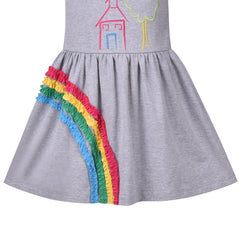 Girls Dress 3D Rainbow Grey Ruffle Embroidery Tree House Short Sleeve Size 3-7 Years