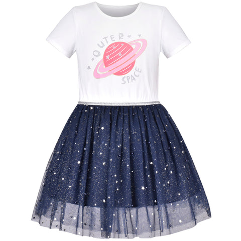 Girls Dress Glitter Planet Silver Star Pearl Beaded Tulle Short Sleeve Size 4-8 Years