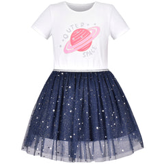 Girls Dress Glitter Planet Silver Star Pearl Beaded Tulle Short Sleeve Size 4-8 Years