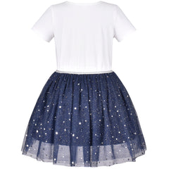 Girls Dress Glitter Planet Silver Star Pearl Beaded Tulle Short Sleeve Size 4-8 Years