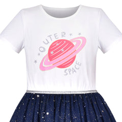 Girls Dress Glitter Planet Silver Star Pearl Beaded Tulle Short Sleeve Size 4-8 Years