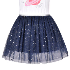 Girls Dress Glitter Planet Silver Star Pearl Beaded Tulle Short Sleeve Size 4-8 Years